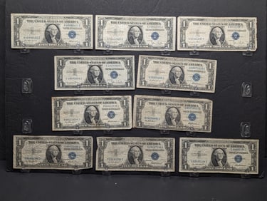 Lot of Ten 1935 Series $1.00 Silver Certificates, (3) D, (1) E, & (6) F Series