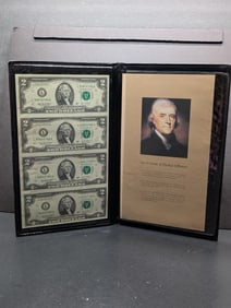Uncut Sheet of Four, HIGH NUMBER, 2003-A Series $2.00 Federal Reserve Notes in Display Book - The