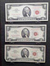 Lot of Three 1963 Series $2.00 RED SEAL Banknotes