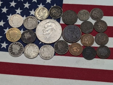 (22) Various Vintage U.S. Coins, 1976 IKE Dollar, 1851 U.S. Large Cent, Sheild Nickel, (8) V