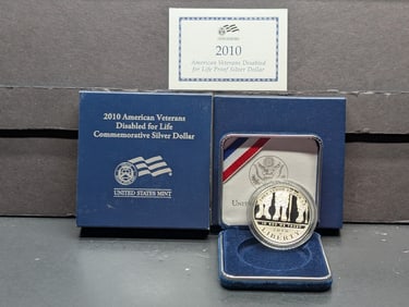 2010-W PROOF American Veterans Disabled for Life Commemorative 90% Silver Dollar in OGP w/ COA
