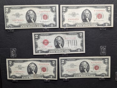 Lot of Five Various 1928-G, 1953-A & C Series, (2) 1963 $2.00 RED SEAL Banknotes