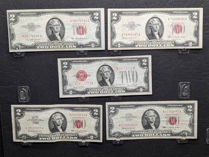 Lot of Five Various 1928-G, 1953-A & C Series, (2) 1963 $2.00 RED SEAL Banknotes: Lot of Five Various 1928-G, 1953-A & C Series, (2) 1963 $2.00 RED SEAL Banknotes