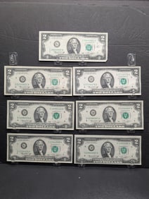 Lot of Seven Vintage 1976 Series $2.00 Federal Reserve Notes - Some w/ Crisp Paper