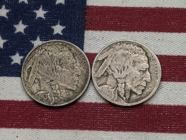 1913 Type 1 & 1913 Type 2 Semi-Key Date Buffalo Nickels. First Years Of Issue. 2 Coins.