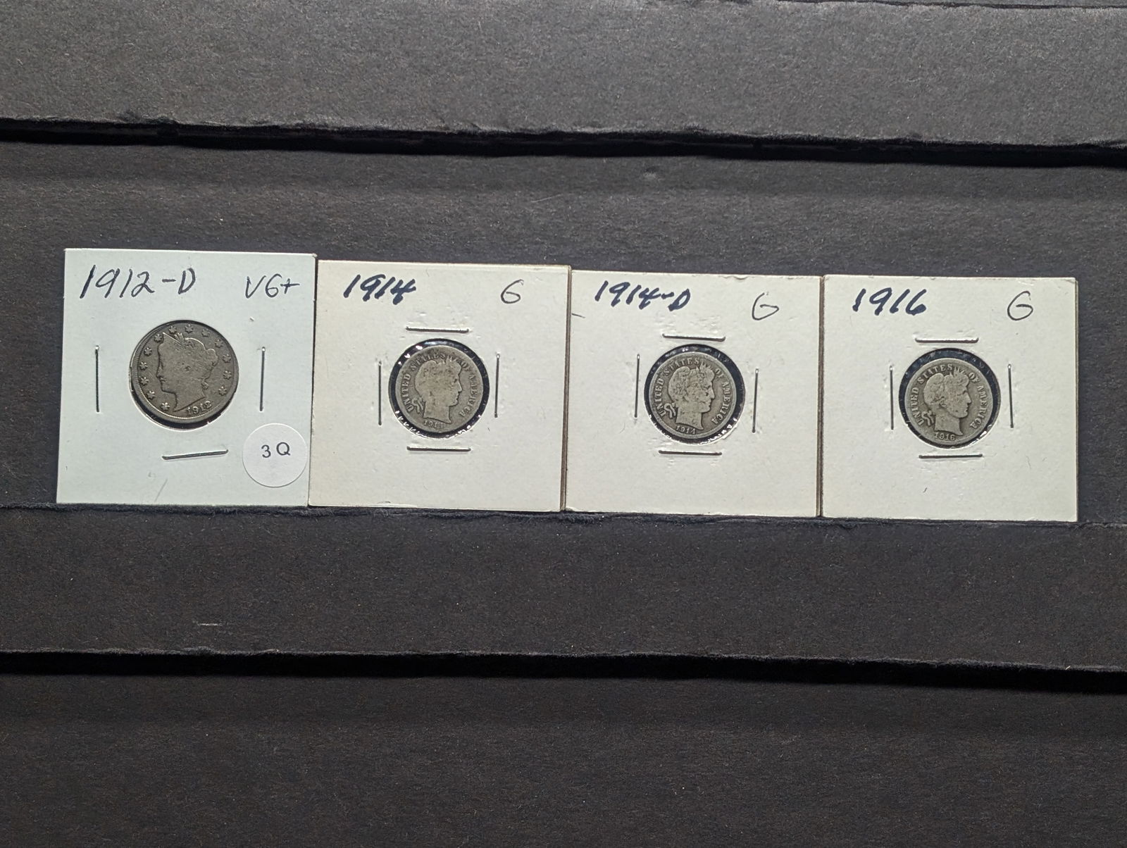 (3) Barber Dimes 1914, 1914-D, 1916 & 1912-D V Nickel (1 of 4)