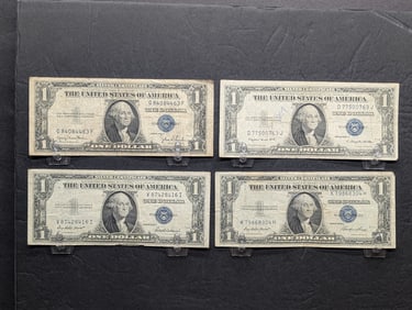 1935-D 1935-E 1935-F 1935-G $1 Blue Seal Silver Certificates. Bust Of George Washington. 4 Notes.
