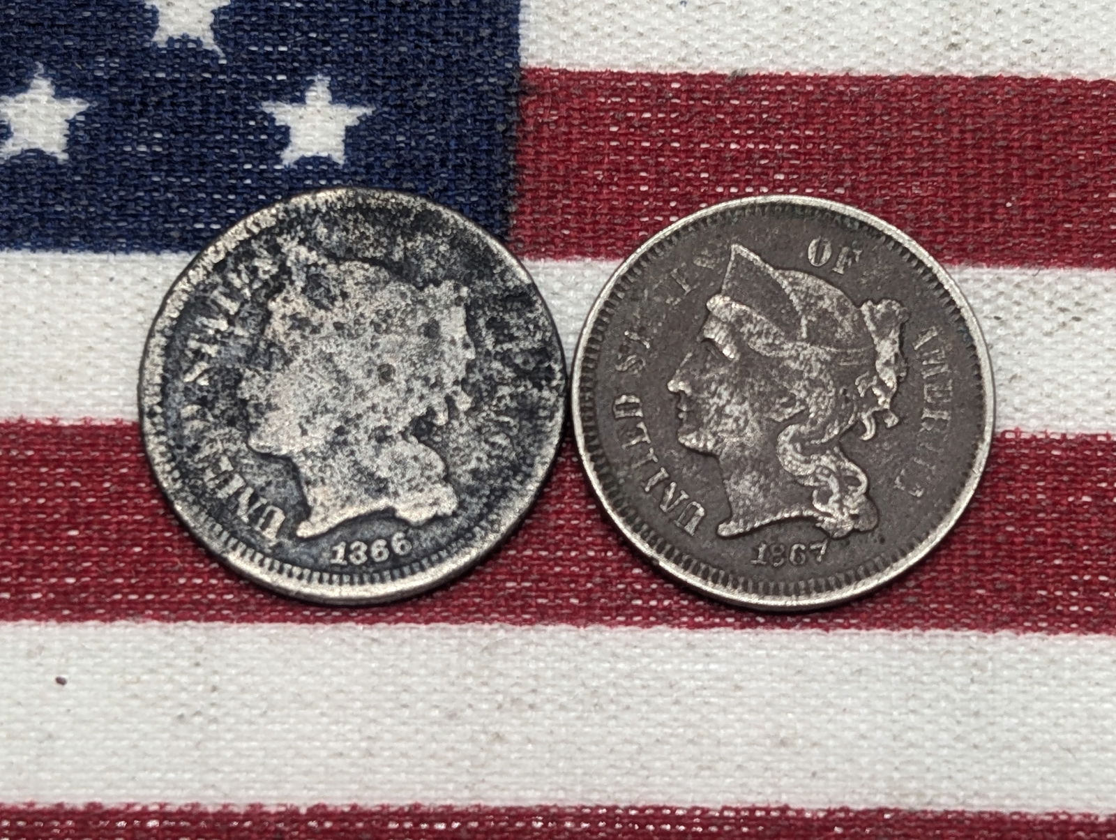 1866 1867 United States 3-Cent Nickels.  Vintage Type Coins.  2 Coins. (1 of 2)