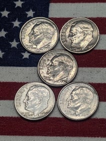 Five (5) Roosevelt Dimes, all off center - one is 1964 silver