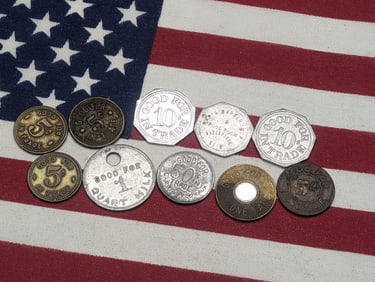 Assortment Of 10 "Good For" Tokens: Trade, Fare, Quart Milk, Etc.