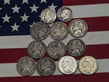 Ten (10) 35 % silver nickels (2 are BU) and two (2) silver dimes -12 Coins Total