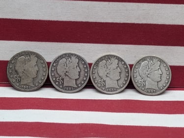 1904-O 1905-O 1906-O 1907-D United States Barber Half Dollars. Vintage Type Coins.