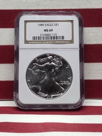 1989 Brilliant Uncirculated Silver American Eagle Graded MS 69 By NGC Grading Company..999 Fine