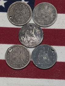 5 Cull Seated Quarters With Dates.