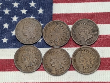 1903 1904 1905 1906 1907 1908 Indian Head Cents.