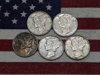 1941 1942 1943 1944 1945 AU-BU Mercury Head Dimes.  5 Coins.: 1941 1942 1943 1944 1945 AU-BU Mercury Head Dimes. 5 Coins.