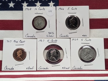 (5) Mixed Canada Coins 1-50% Silver Dime
