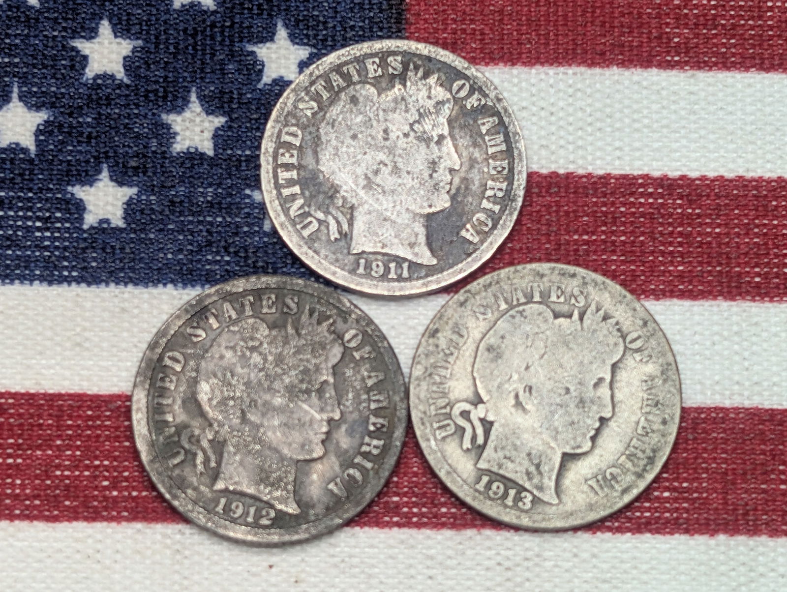 1911, 1912, & 1913 Barber Dimes, 90% Silver (1 of 2)
