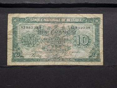 1943 Belgium 10 Franc Note. Tough WWII Era