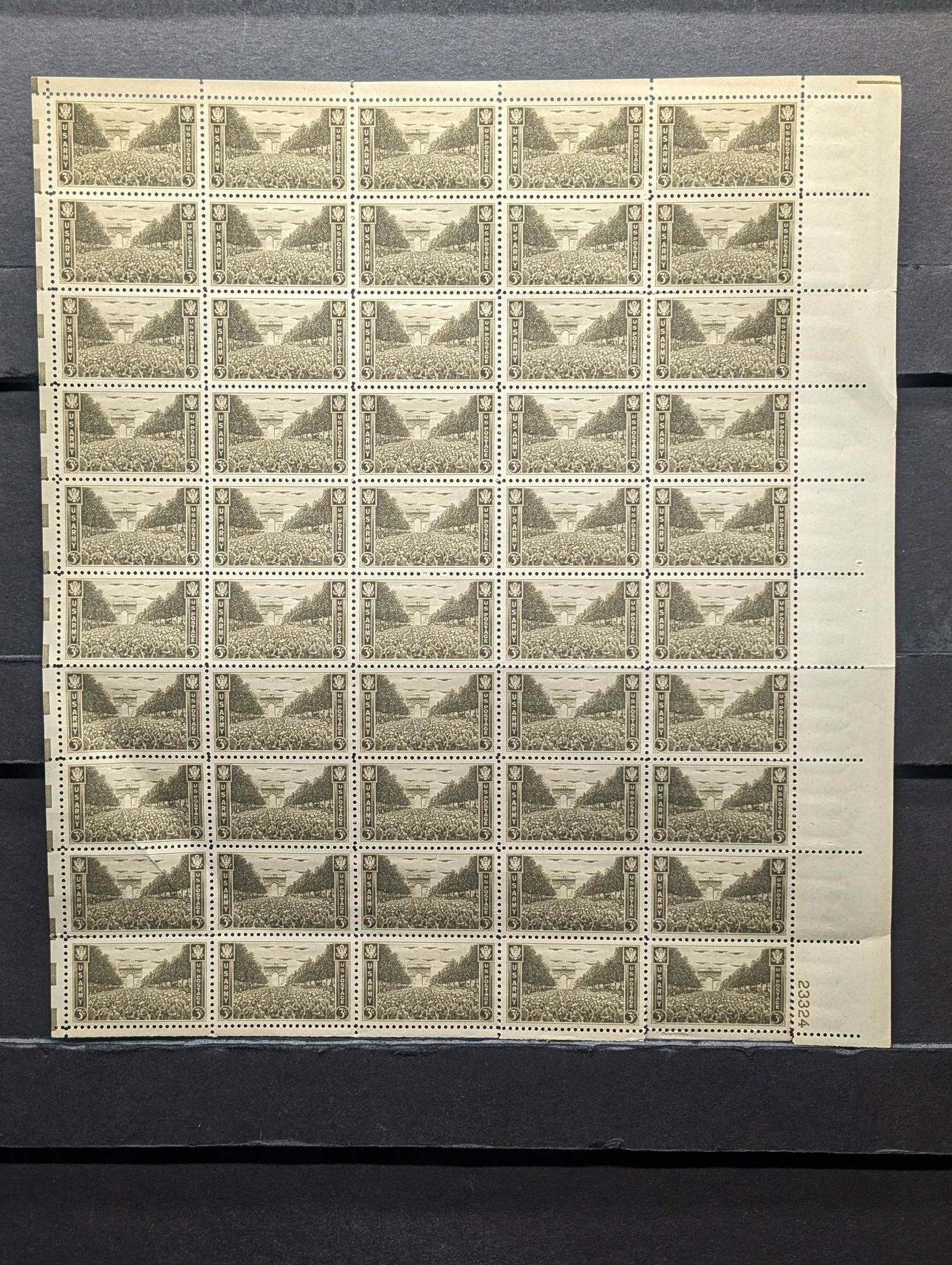 1945 U.S. Army Commemorative 3-Cent Sheet Of 50 U.S. Stamps.  Scotts #934.  Plate Block # 23324. (1 of 2)