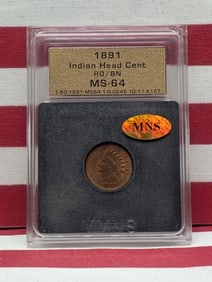 1891 Indian Head Cent Slabbed By MNS MS64 Full Liberty 4 Diamonds, Woody Reverse
