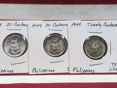 (3) 1944-D Philippines 20 Centavos, 75% Silver Each