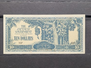 Japanese Gov't WWII Invasion Currency 10 Dollar Note. Scarce. UNC