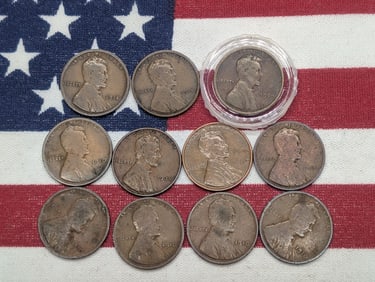 (11) Lincoln Wheat Cents 1909, (6) 1910, (2) 1914, (2) 1936