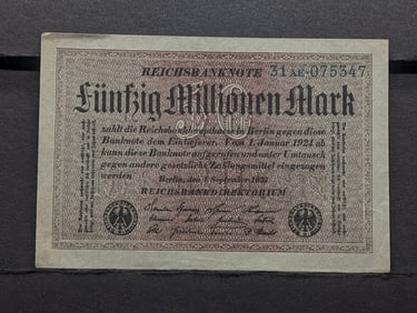 1924 German Reich banknote 50 Million Mark. Tough Post WWI Currency