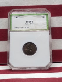 1917 Lincoln Wheat Cent Slabbed by PCI MS65 Red & Brown