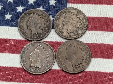 (4) Indian Head Cents 1899, 1900, 1901, 1902