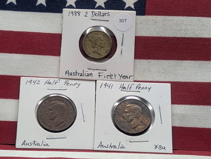 1941 & 1942 Australia Half Pennies & 1988 Australia 2 Dollar First Year: 1941 & 1942 Australia Half Pennies & 1988 Australia 2 Dollar First Year