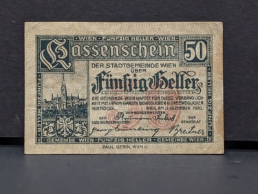 1920 City of Vienna Austria 50 Heller Currency, Crisp-UNC, 105 Years Old!