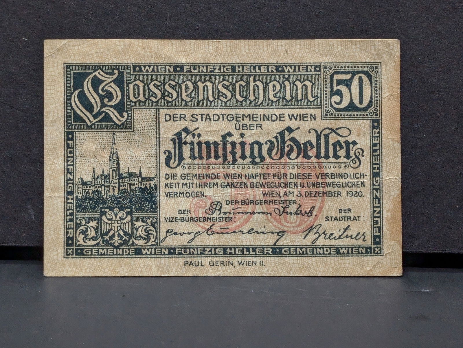 1920 City of Vienna Austria 50 Heller Currency, Crisp-UNC, 105 Years Old! (1 of 3)