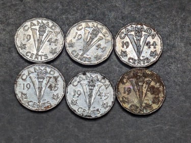 6 Coins - (3) 1944 & (3) 1945 WWII Era, Canada Victory Nickels