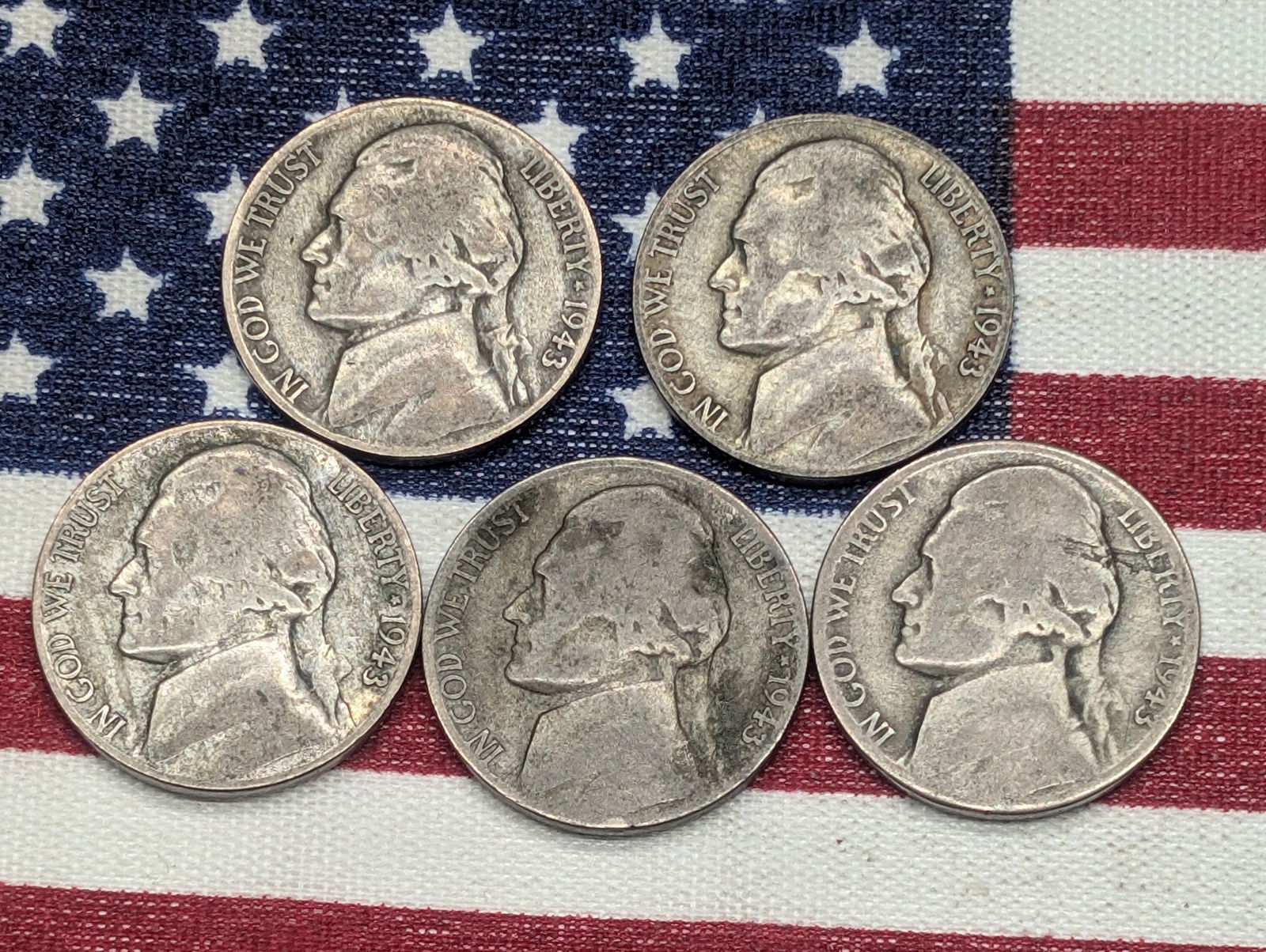 (5) 1943-P Silver War Time Jefferson Nickels 35% Silver Each (1 of 2)