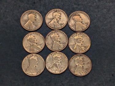 9 Early Dates - 1912-1928 Lincoln Wheat Cents. Average Circulated Condition