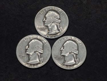 (3) 1947-D, 90% Silver, Washington Quarters, 78 Years Old