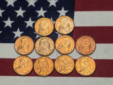 Ten Red Brilliant Uncirculated 1938-S Lincoln Head Wheat Cents.