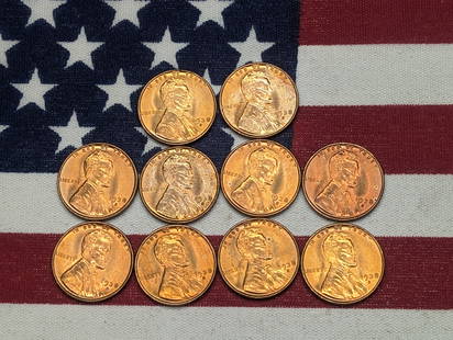 Ten Red Brilliant Uncirculated 1938-S Lincoln Head Wheat Cents.: Ten Red Brilliant Uncirculated 1938-S Lincoln Head Wheat Cents.