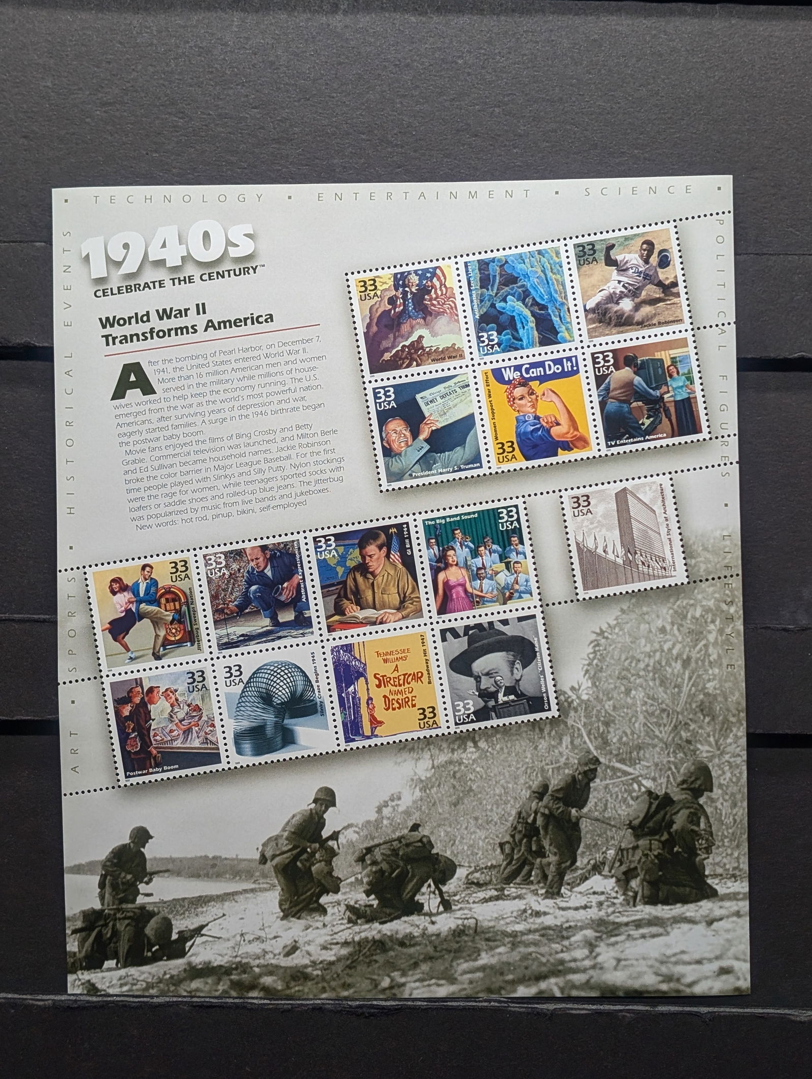 1940's Sheet Of WWII Era U.S. Postage Stamps. All Mint, Original Gum, Never Hinged (1 of 3)