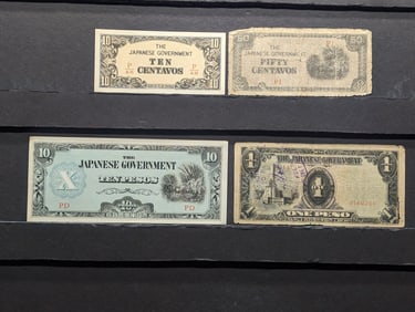 1943 Japan 10, 50 Centavos And 1, 10 Pesos Philippines WWII Military Invasion Currency. 4 Notes.