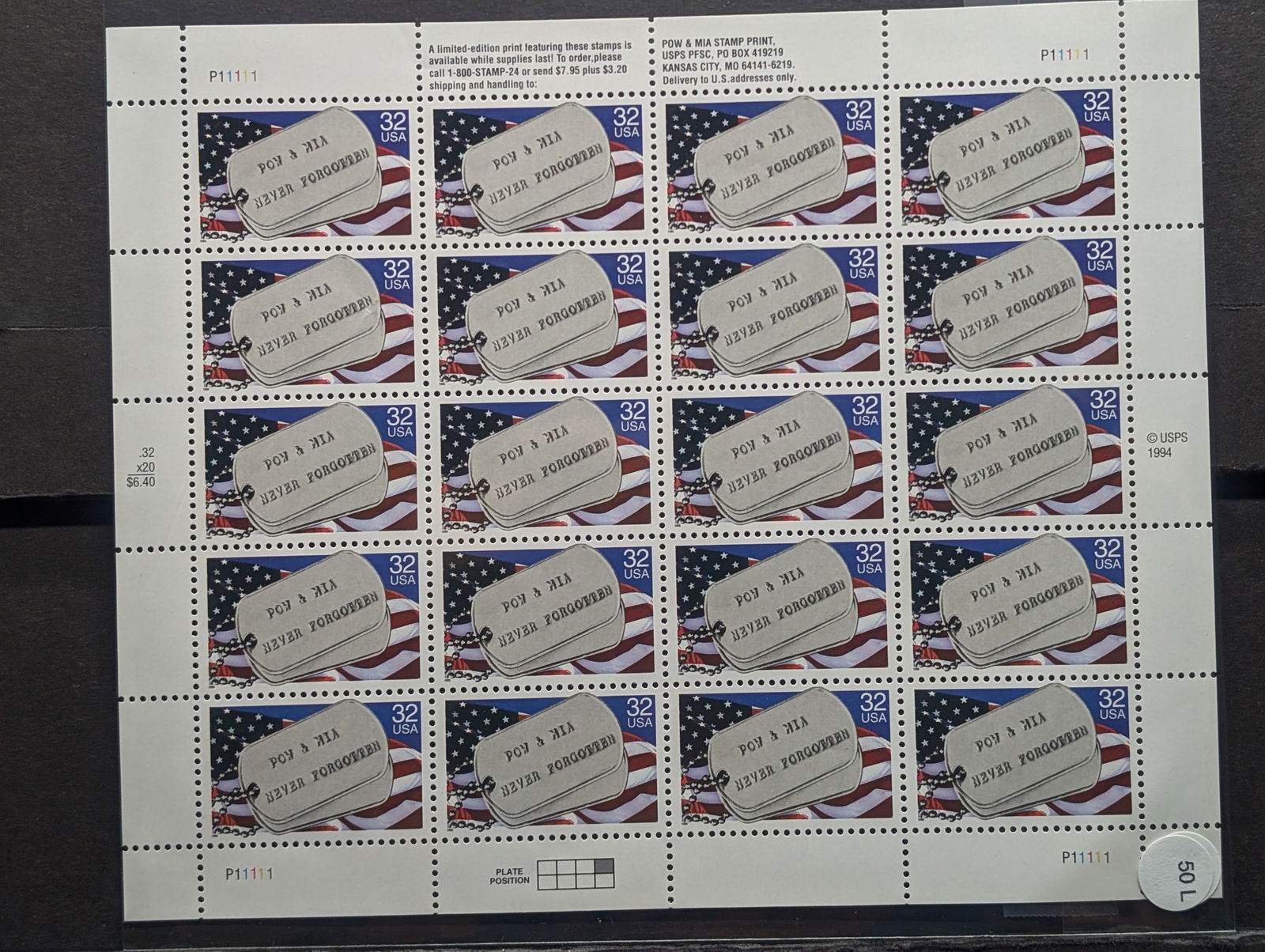 Sheet Of POW & MIA Dog Tag U.S. Stamps. All Mint, Original Gum, Never Hinged (1 of 2)