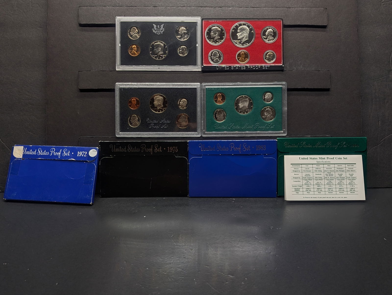 1972-S, 1975 -S,1983-S, 1994-S United States Proof Sets With Original Gov't Packaging & COA's. 21: 1972-S, 1975 -S,1983-S, 1994-S United States Proof Sets With Original Gov't Packaging & COA's. 21 Coins.