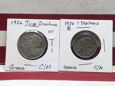 1926 Greece 2 Drachma & 1926 B Greece 1 Drachma