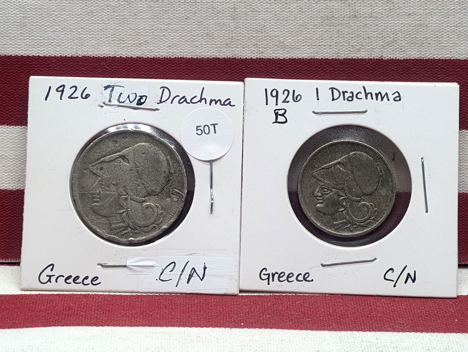 1926 Greece 2 Drachma & 1926 B Greece 1 Drachma (1 of 3)