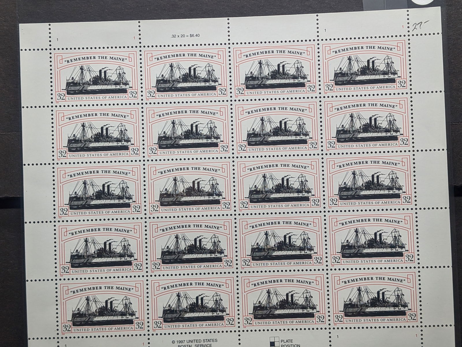 Sheet Of WWII "Remember The Maine" U.S. Stamps. All Mint, Original Gum, Never Hinged. (1 of 2)