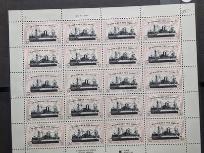 Sheet Of WWII "Remember The Maine" U.S. Stamps. All Mint, Original Gum, Never Hinged.: Sheet Of WWII "Remember The Maine" U.S. Stamps. All Mint, Original Gum, Never Hinged.