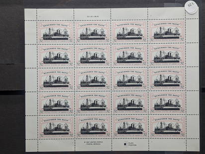 Sheet Of WWII "Remember The Maine" U.S. Stamps. All Mint, Original Gum, Never Hinged.: Sheet Of WWII "Remember The Maine" U.S. Stamps. All Mint, Original Gum, Never Hinged.