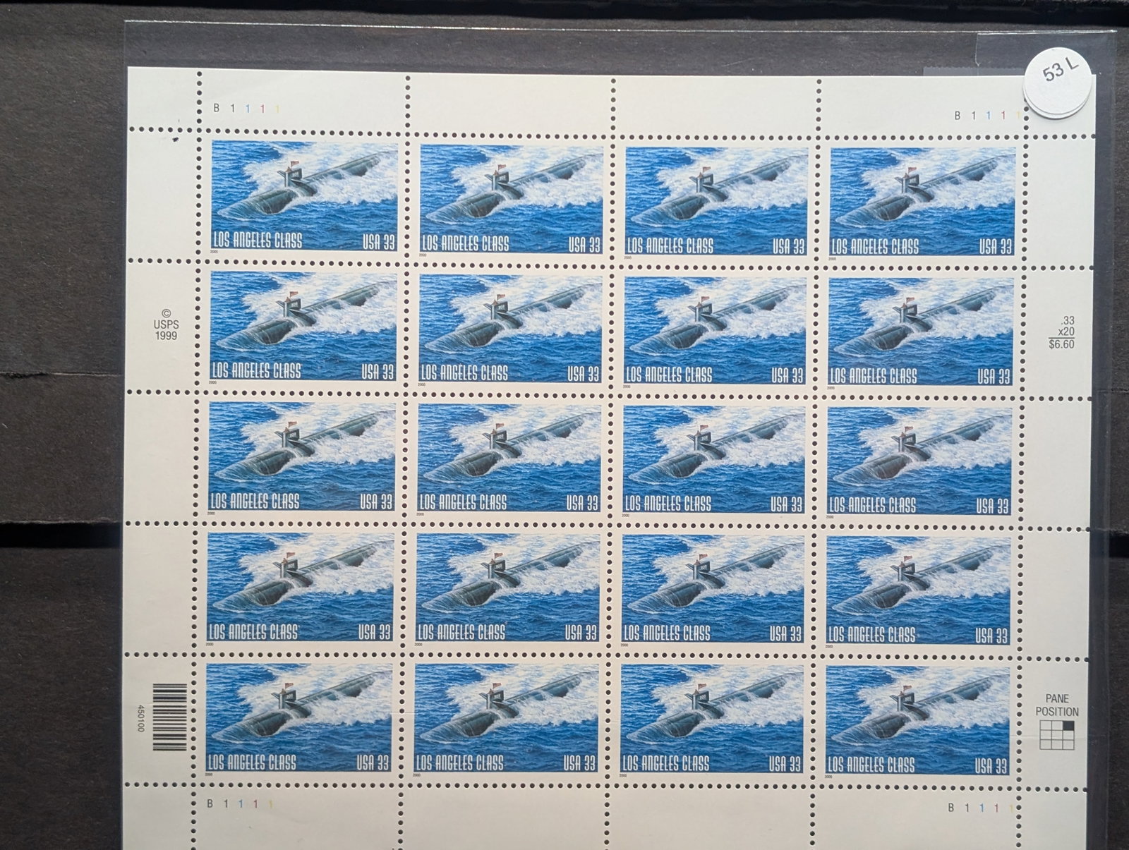 Sheet Of U.S. "Los Angeles Class" Submarine U.S. Stamps. All Mint, Original Gum, Never Hinged.: Sheet Of U.S. "Los Angeles Class" Submarine U.S. Stamps. All Mint, Original Gum, Never Hinged.